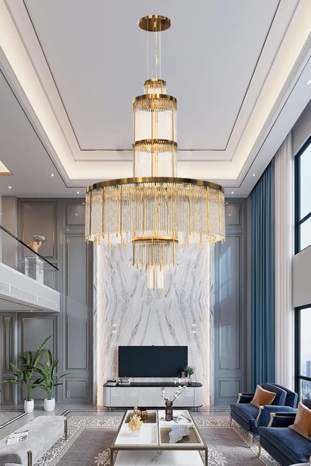 Modern Multi-Layered Glass&metal Rods Chandelier for High-Ceiling