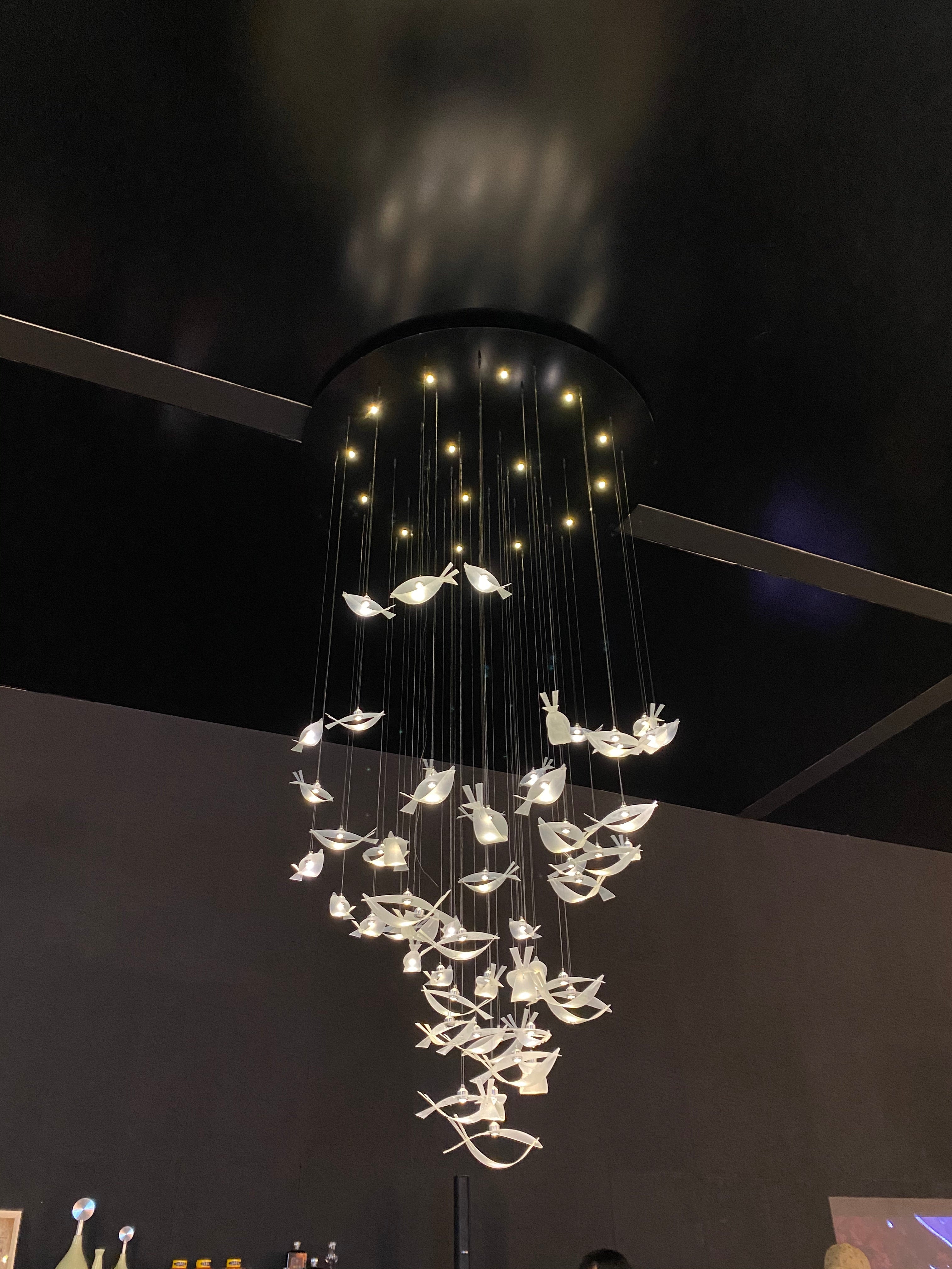 Modern Tiered Floating Acrylic and Metal Fish Chandelier for Staircase Foyer Living Room