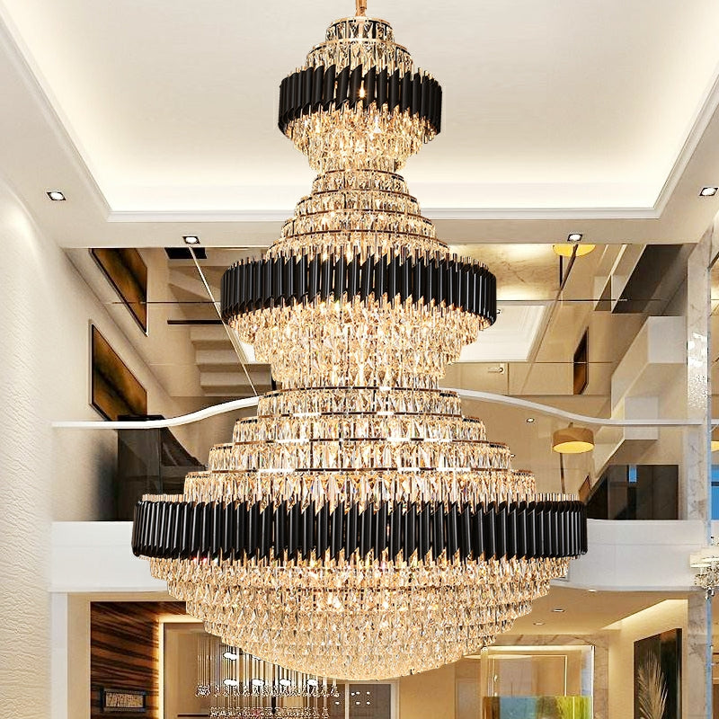 Modern Black Iron Crystal Chandelier for Foyer Staircase Luxurious Design Ceiling Light