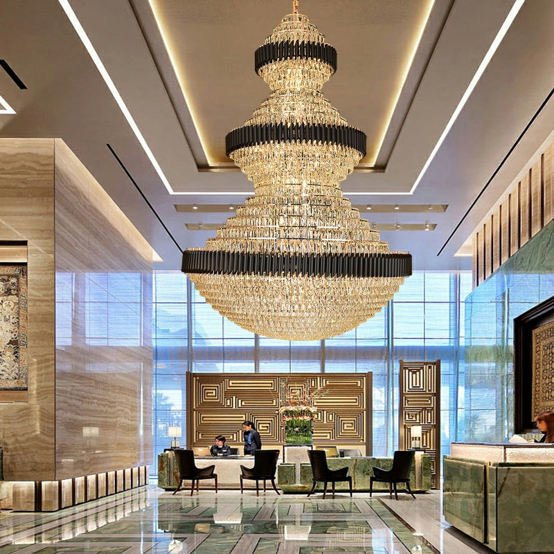 Modern Black Iron Crystal Chandelier for Foyer Staircase Luxurious Design Ceiling Light