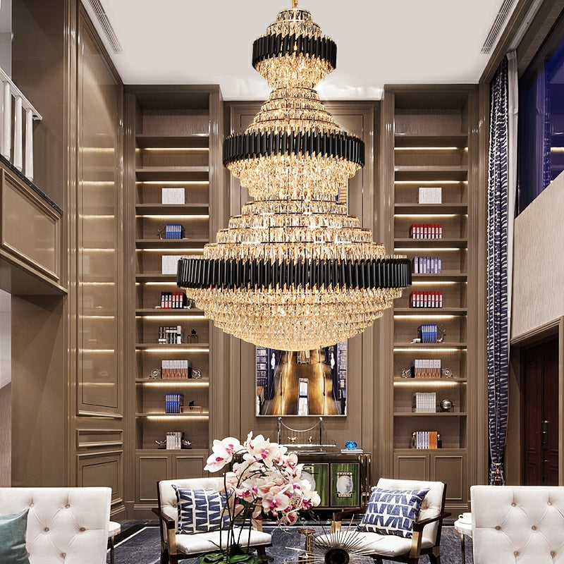 Modern Black Iron Crystal Chandelier for Foyer Staircase Luxurious Design Ceiling Light