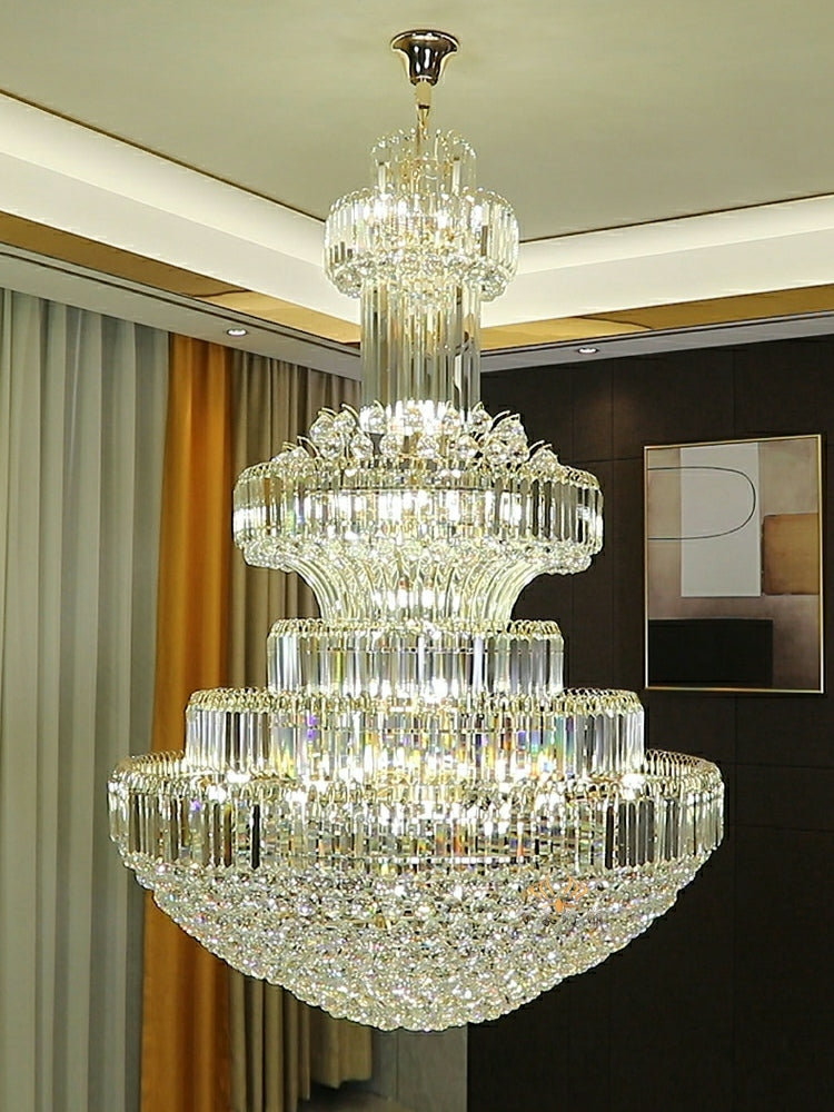 Golden Era Grand Cascade Clear Crystal Chandelier for High-Ceiling