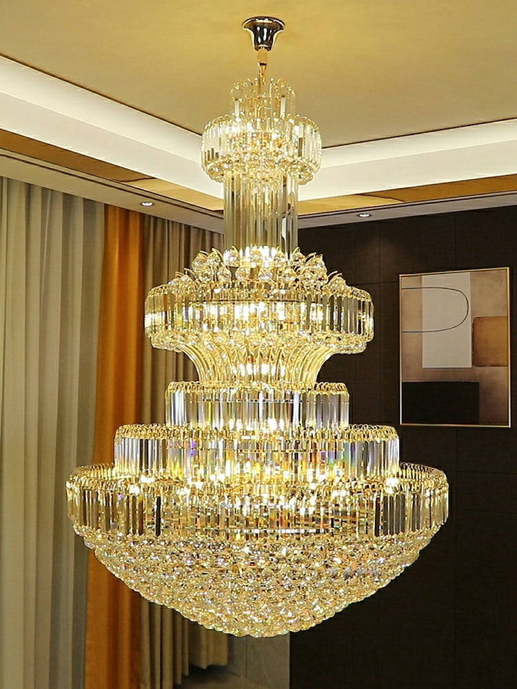 Golden Era Grand Cascade Clear Crystal Chandelier for High-Ceiling