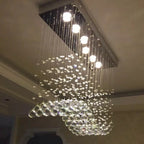 Modern Chrome Rectangle Dining Table Ceiling Chandelier Wave Crystal Ball Drops Hanging Pendant Light