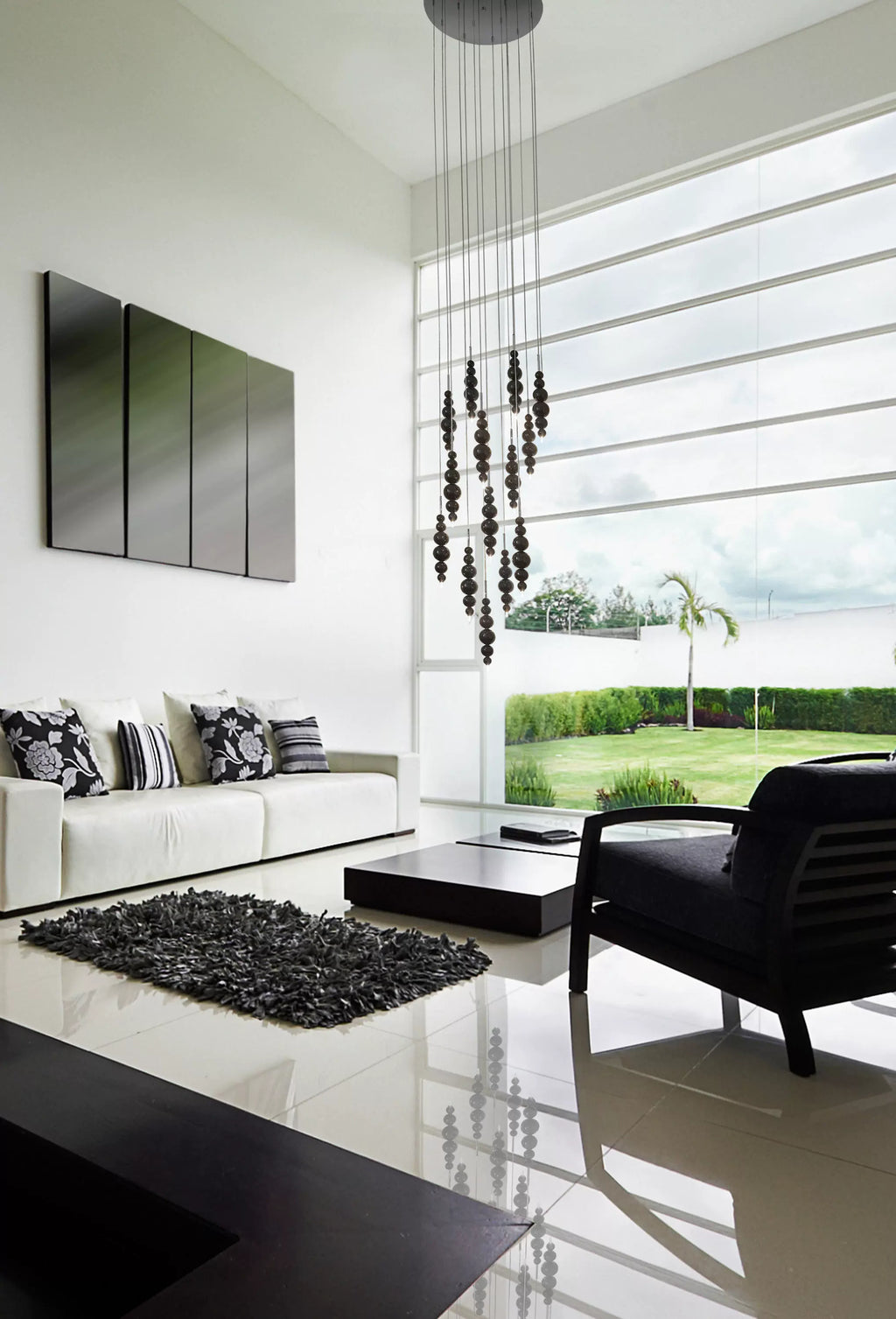 Modern Black & White Glass Ball Cluster Chandelier – Round / linear Metal Finish for Living & Dining Room