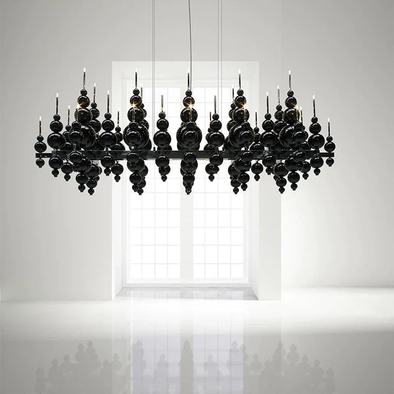 Modern Black & White Glass Ball Cluster Chandelier – Round / linear Metal Finish for Living & Dining Room
