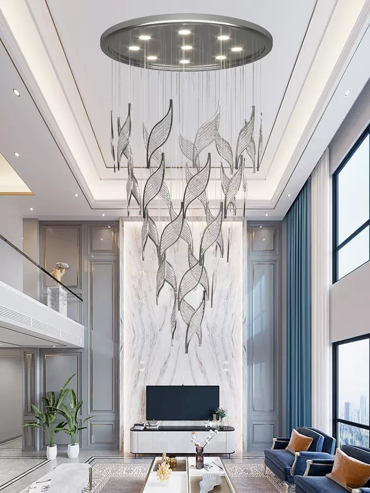 Modern Light Luxury Multi-Layered Openwork Leaf Crystal Chandelier for Living Room / Staircase / duplex