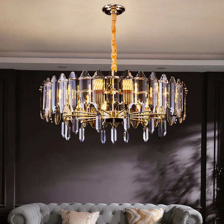 Modern Transparent Crystal and Gold Chandelier with Oval Slices, Round & Rectangle Shapes, High-Quality Finish