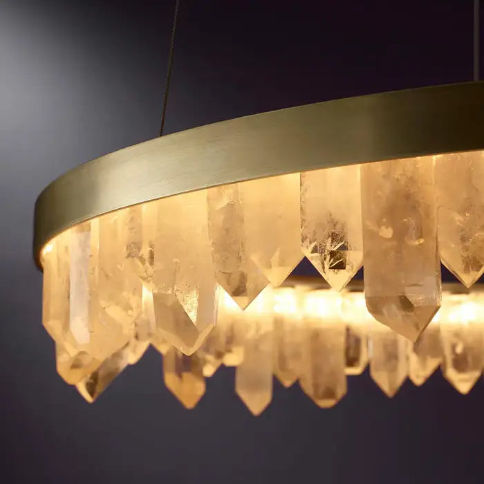 Modern Round Chandelier with Brass / black Finish and Natural Quartz Crystals