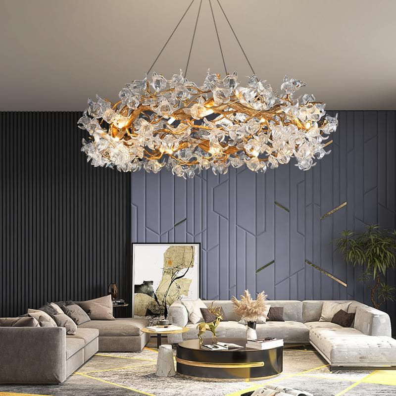 Modern Flower Crystal Round Brass Branch Chandelier
