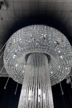 Extra Large Round Silver Flush Mount Luxury K9 Crystal Waterfall Chandelier for High-Ceiling Living Room