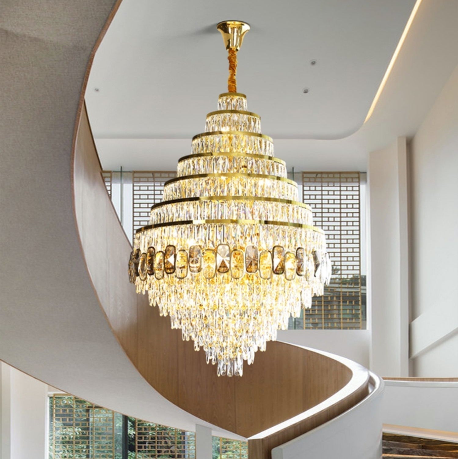 Honeycomb Shaped Ceiling Chandelier Extra Large Crystal Light for Foyer Staircase / Entryway in Gold Finish