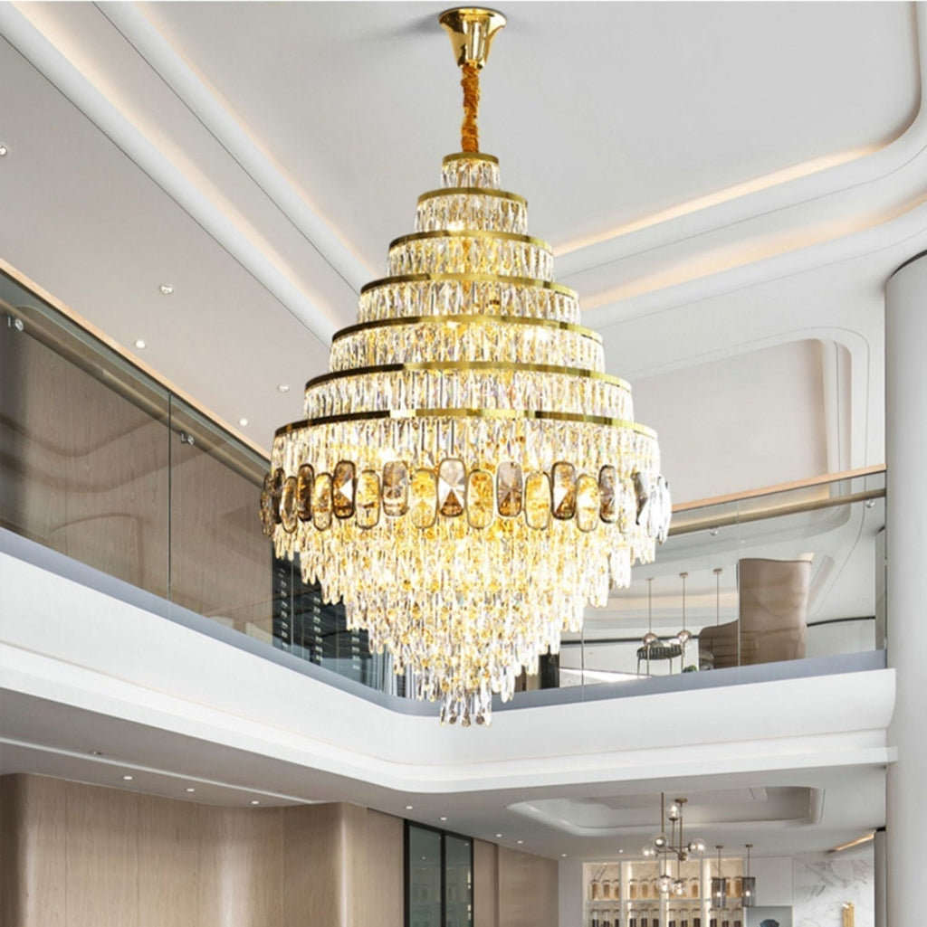 Honeycomb Shaped Ceiling Chandelier Extra Large Crystal Light for Foyer Staircase / Entryway in Gold Finish