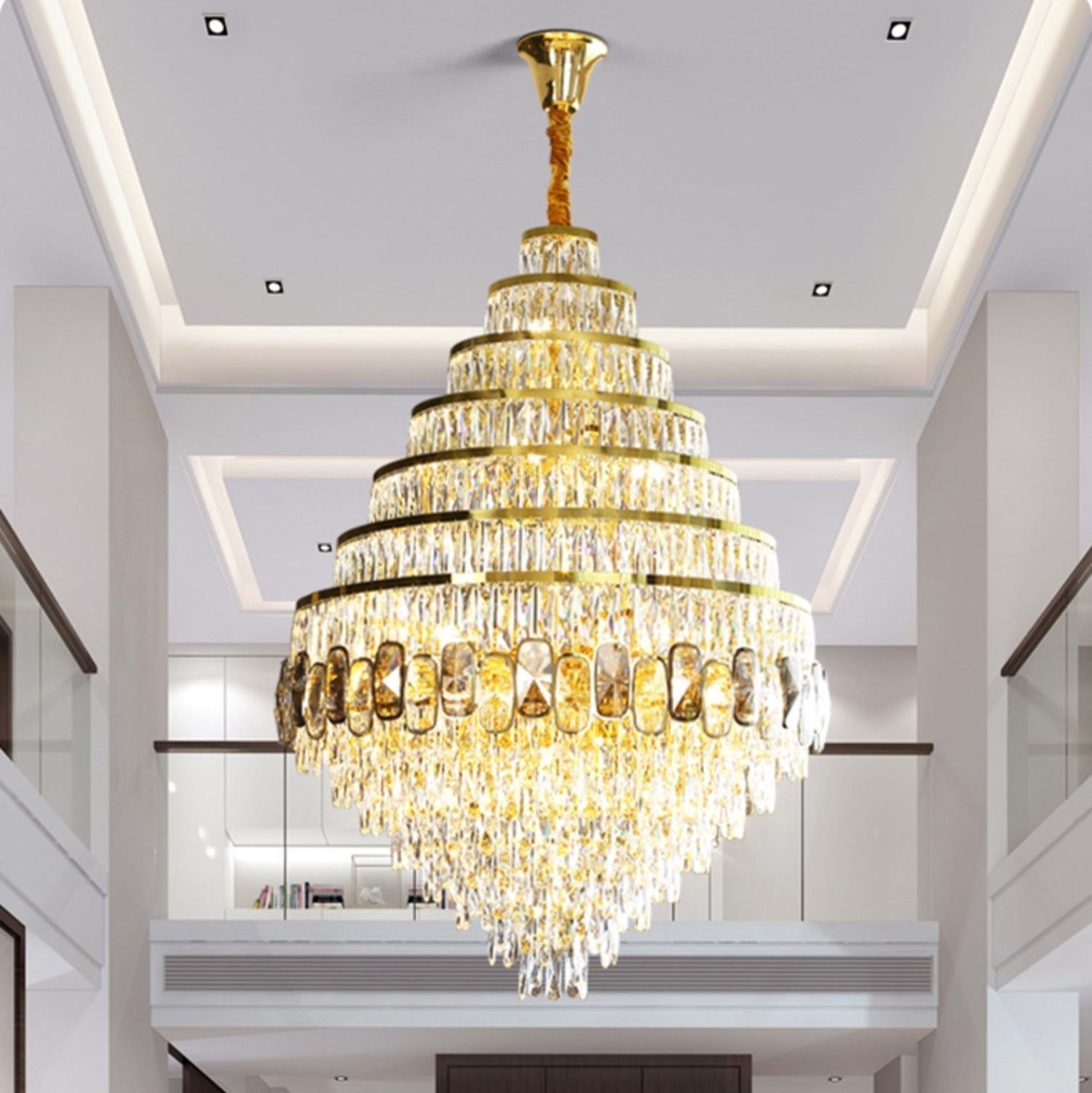Honeycomb Shaped Ceiling Chandelier Extra Large Crystal Light for Foyer Staircase / Entryway in Gold Finish