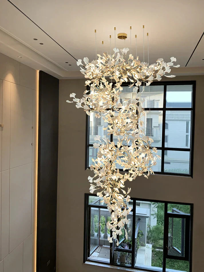 Artistic Tree Branch Pendant Light with Ceramic Ginkgo Leaves