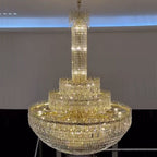 Luxury Oversized Gold Finish Round Crystal Pagoda-Inspired Chandelier for Foyer Staircase Hallway Entryway