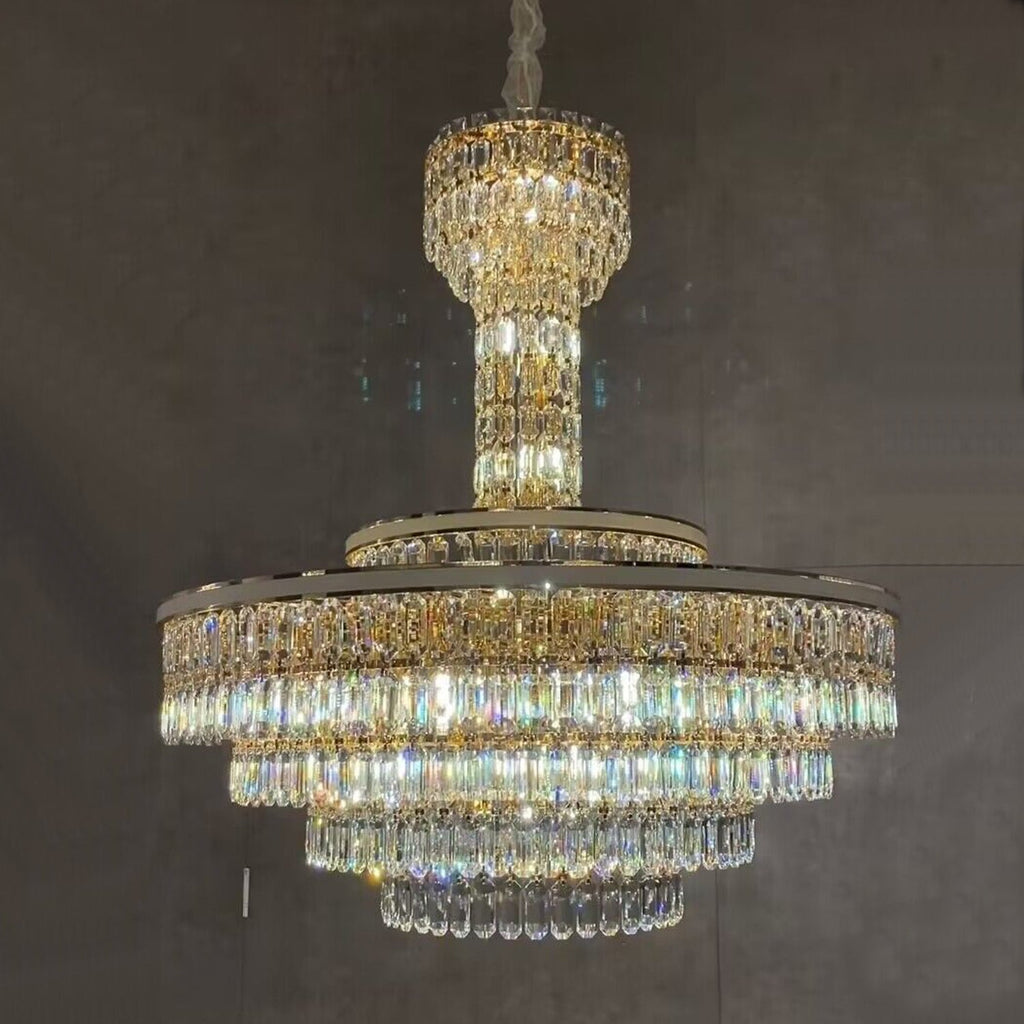 Luxury Multi-Tier Round Honeycomb Crystal Chandelier with Stainless Steel Finish for Foyer Living Room