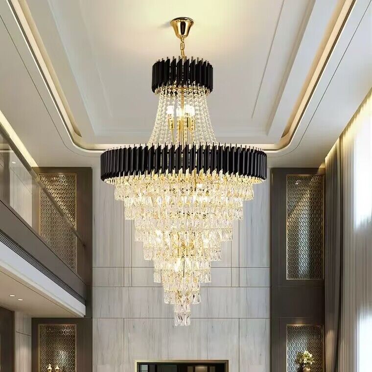 Extra Large Modern Spiral Multi-Layer Crystal Chandelier with Gold or Black Finish, High-Quality Materials for