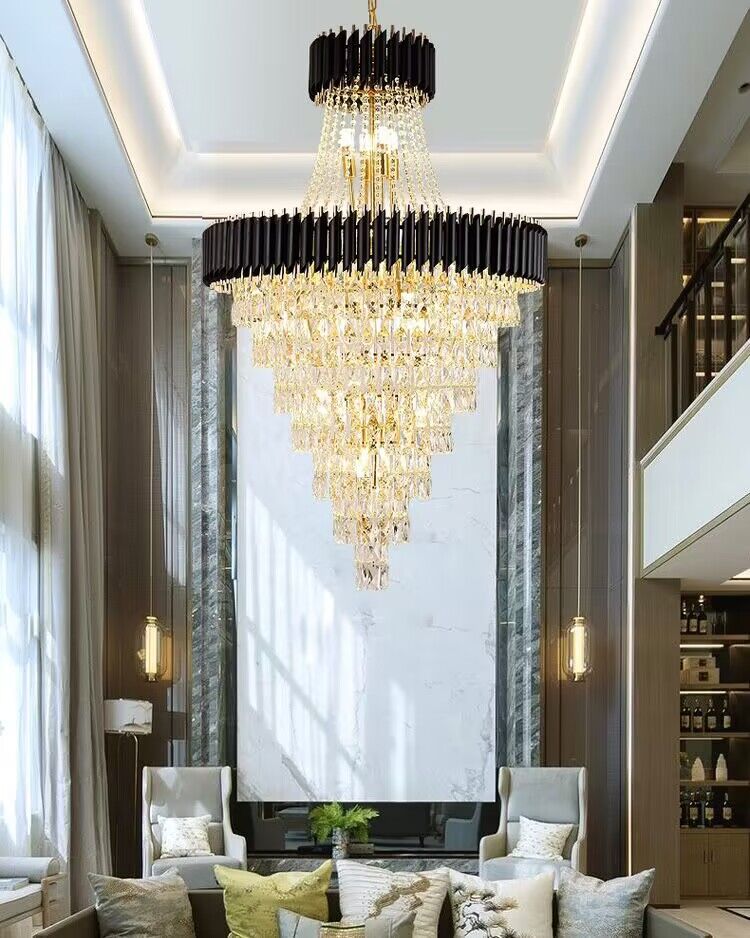 Extra Large Modern Spiral Multi-Layer Crystal Chandelier with Gold or Black Finish, High-Quality Materials for
