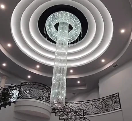 Extra Large Round Silver Flush Mount Luxury K9 Crystal Waterfall Chandelier for High-Ceiling Living Room