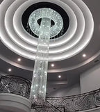 Extra Large Round Silver Flush Mount Luxury K9 Crystal Waterfall Chandelier for High-Ceiling Living Room