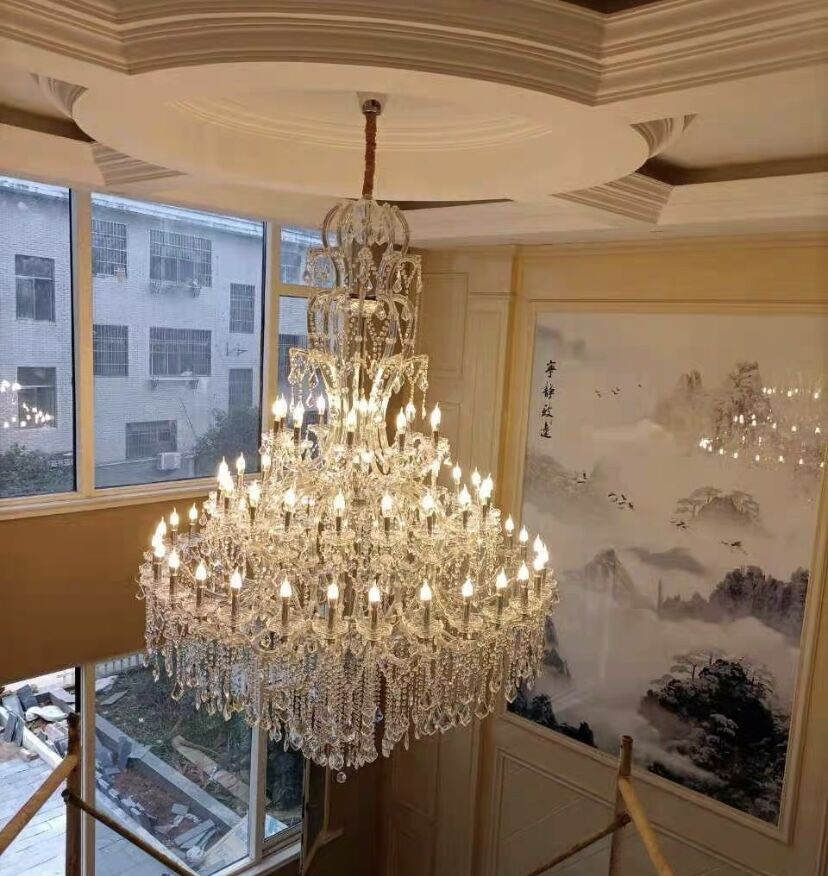 Oversized Luxury Traditional Gold / chrome Candle Branch Crystal Chandelier for 2-Story / duplex Buildings