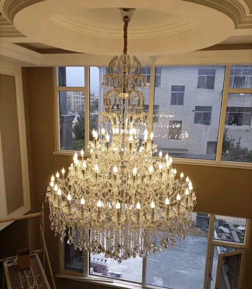 Oversized Luxury Traditional Gold / chrome Candle Branch Crystal Chandelier for 2-Story / duplex Buildings
