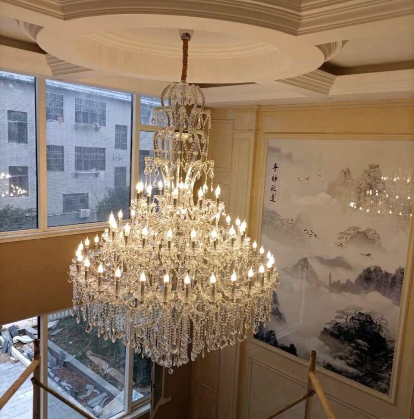 Oversized Luxury Traditional Gold / chrome Candle Branch Crystal Chandelier for 2-Story / duplex Buildings
