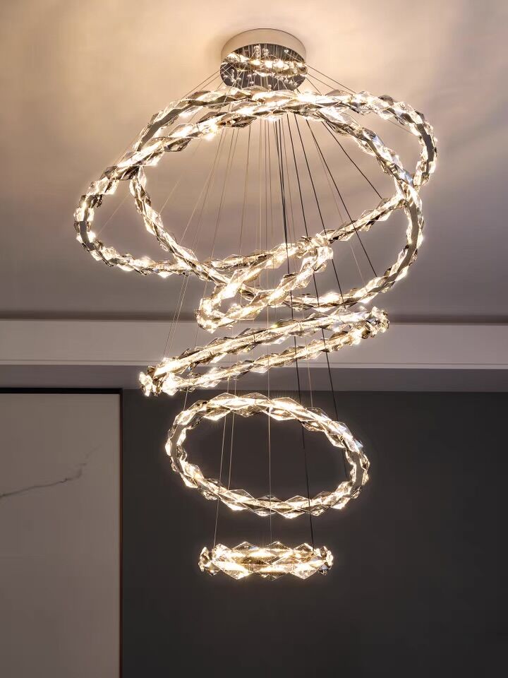 Oversized Multi-Tiered Rings Crystal Chandelier Modern Clear and Grey Crystal Ceiling Light