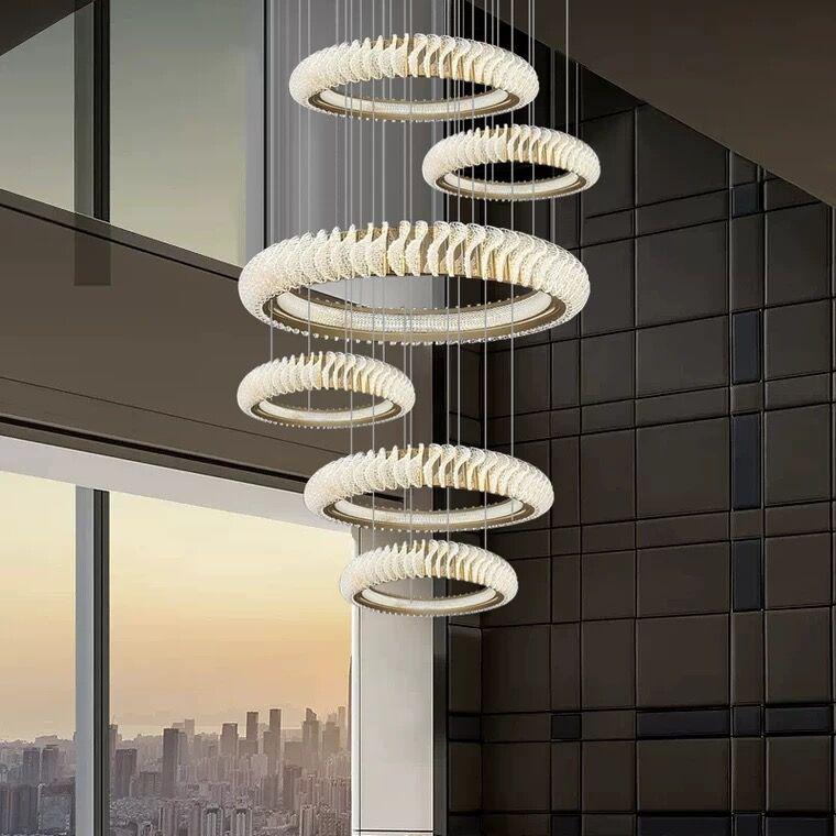 Extra Large Multi-Layers Rings Crystal Chandelier Modern Art Waves Creative Pendant Light for High-Ciling