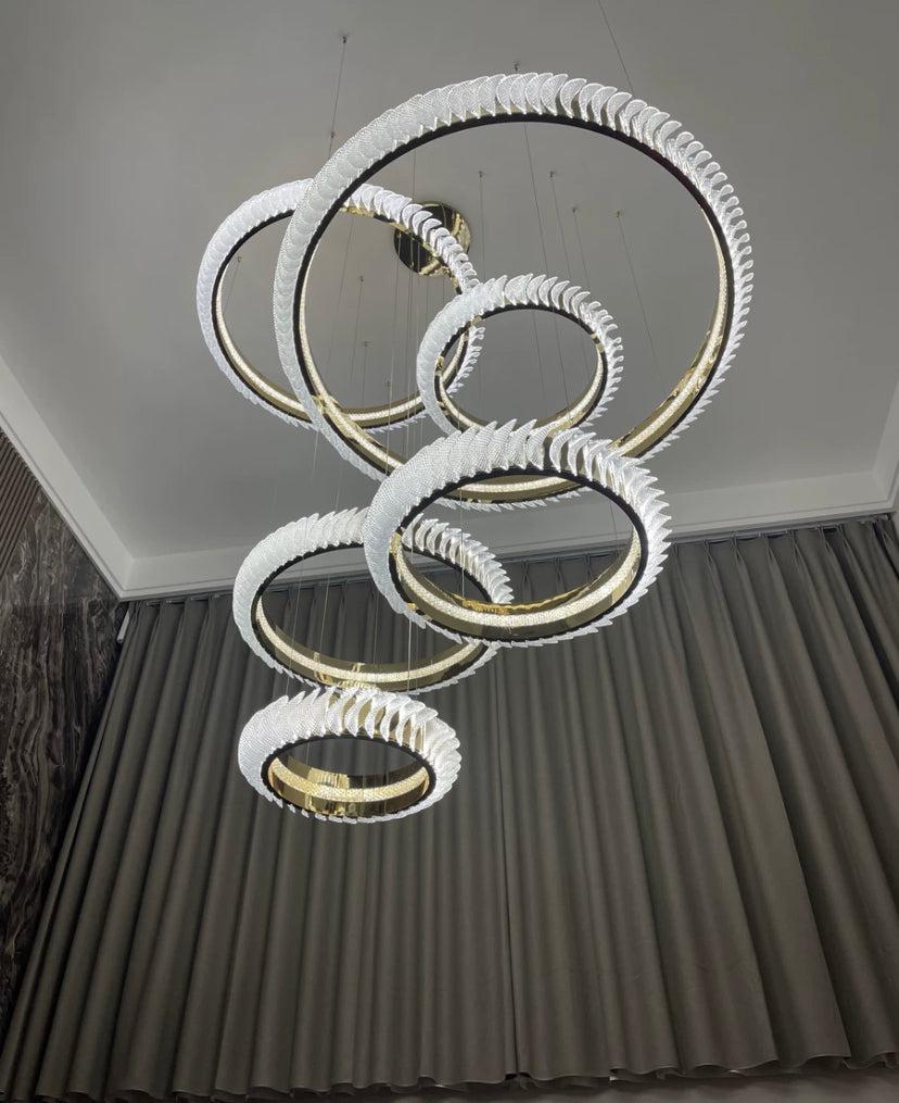 Extra Large Multi-Layers Rings Crystal Chandelier Modern Art Waves Creative Pendant Light for High-Ciling