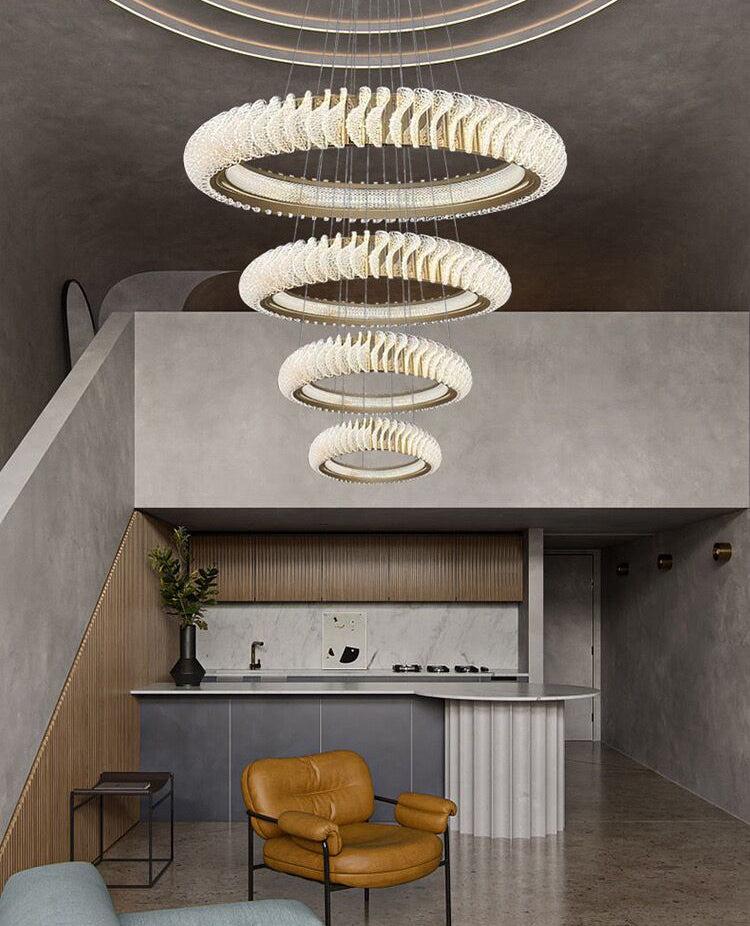 Extra Large Multi-Layers Rings Crystal Chandelier Modern Art Waves Creative Pendant Light for High-Ciling