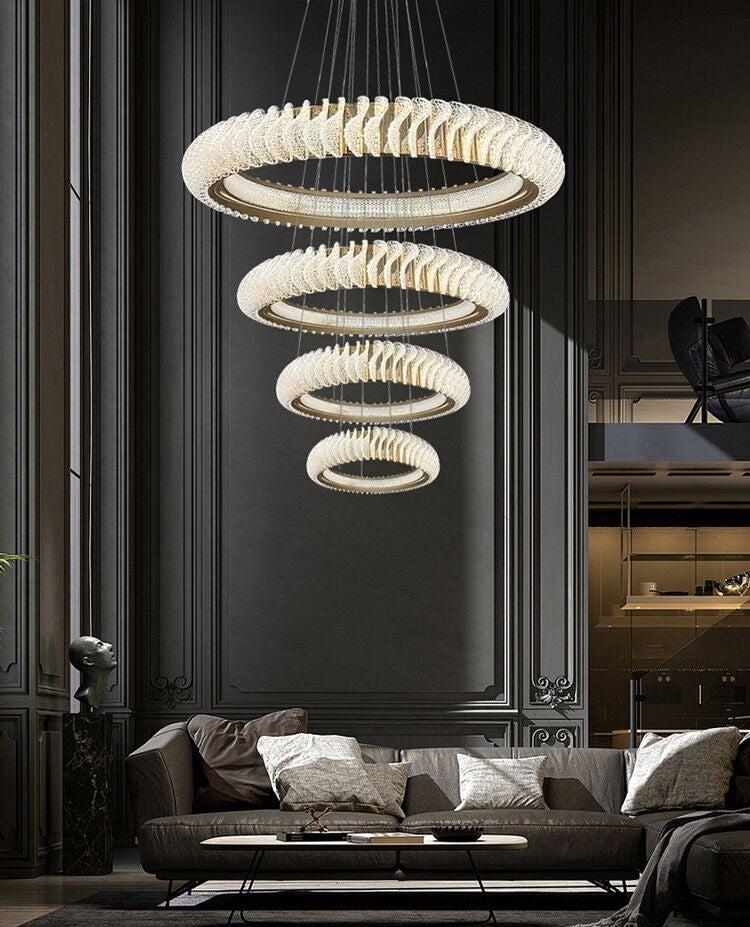 Extra Large Multi-Layers Rings Crystal Chandelier Modern Art Waves Creative Pendant Light for High-Ciling