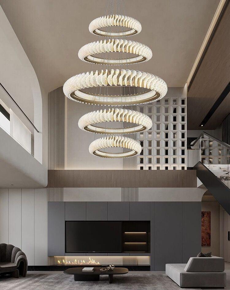 Extra Large Multi-Layers Rings Crystal Chandelier Modern Art Waves Creative Pendant Light for High-Ciling
