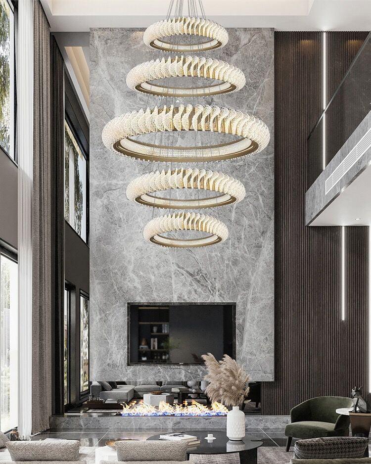 Extra Large Multi-Layers Rings Crystal Chandelier Modern Art Waves Creative Pendant Light for High-Ciling
