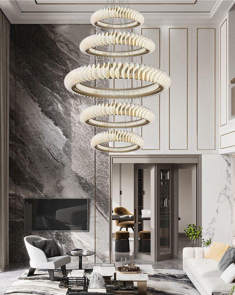 Extra Large Multi-Layers Rings Crystal Chandelier Modern Art Waves Creative Pendant Light for High-Ciling