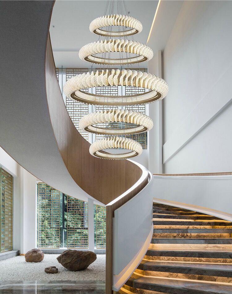 Extra Large Multi-Layers Rings Crystal Chandelier Modern Art Waves Creative Pendant Light for High-Ciling