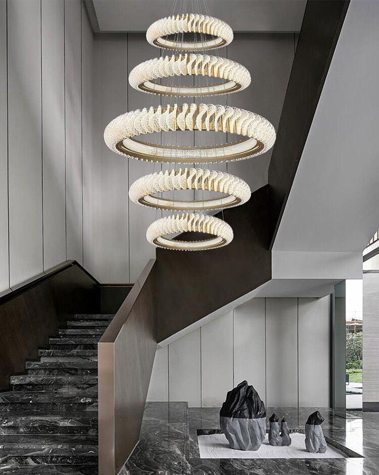Extra Large Multi-Layers Rings Crystal Chandelier Modern Art Waves Creative Pendant Light for High-Ciling
