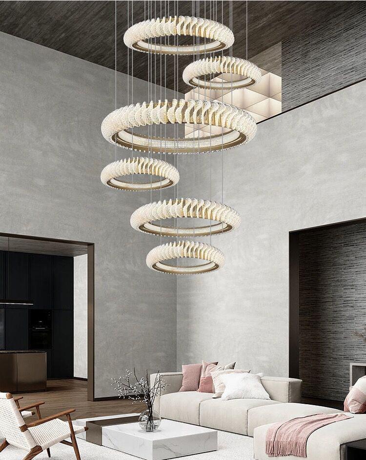 Extra Large Multi-Layers Rings Crystal Chandelier Modern Art Waves Creative Pendant Light for High-Ciling