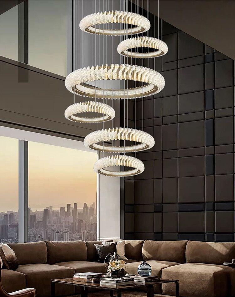 Extra Large Multi-Layers Rings Crystal Chandelier Modern Art Waves Creative Pendant Light for High-Ciling