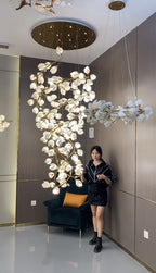 Spiral Pure White Magnolia Chandelier with Golden Branches for Staircase / high-Ceiling Space / foyer / Duplex