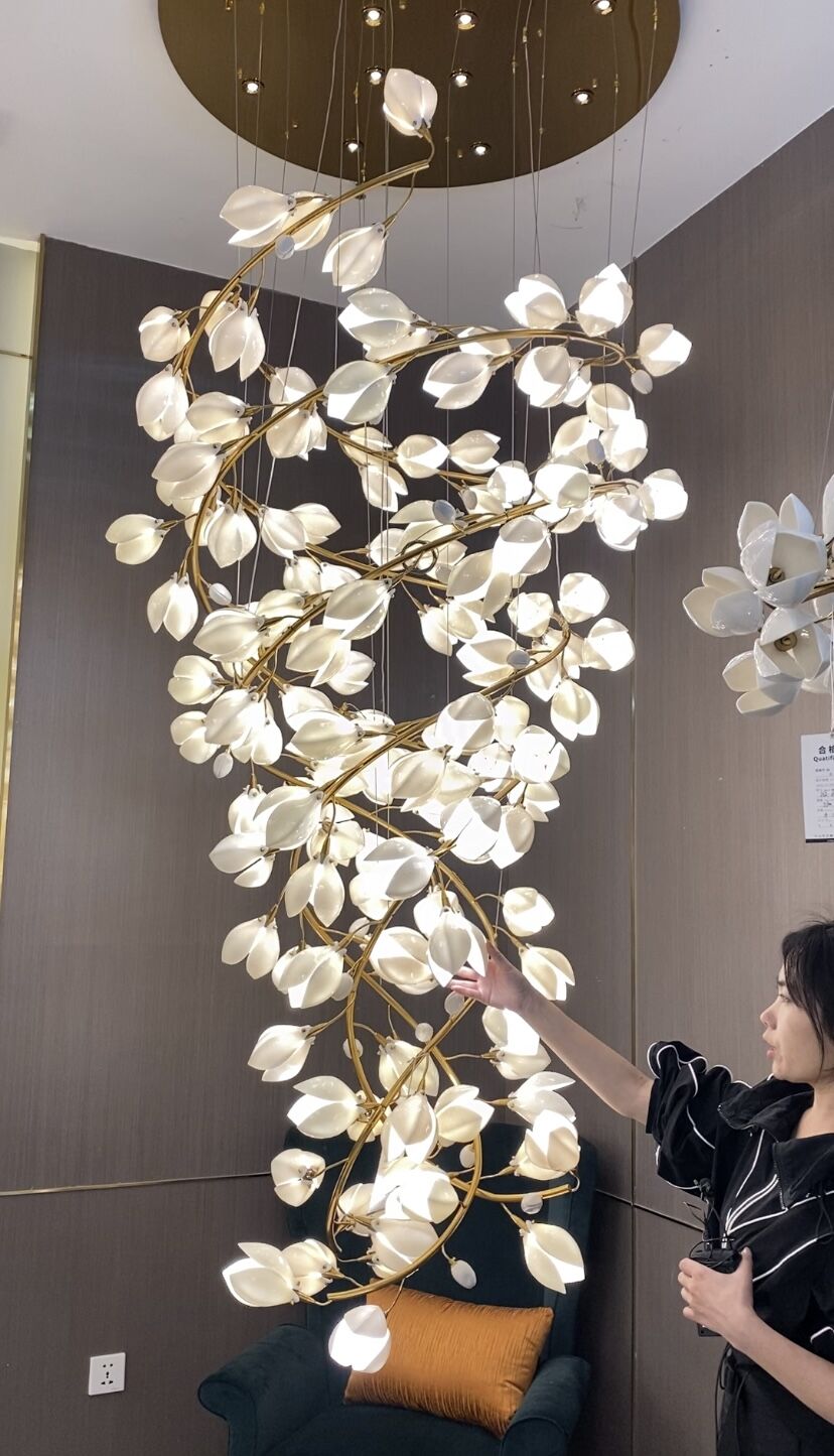 Spiral Pure White Magnolia Chandelier with Golden Branches for Staircase / high-Ceiling Space / foyer / Duplex