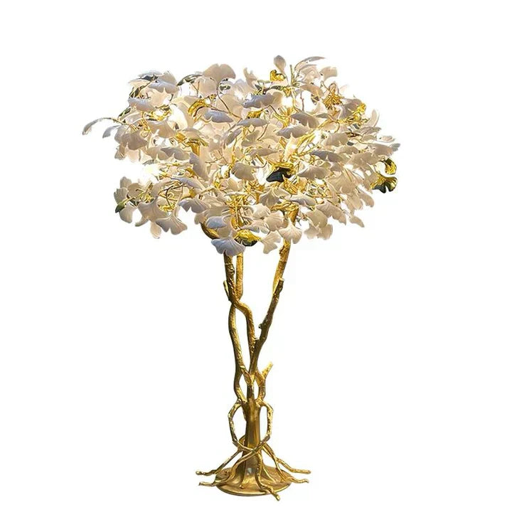 Luxury Creative White Ceramic Ginkgo Biloba Copper Branch Tree Floor Lamp for Living Room and Bedroom