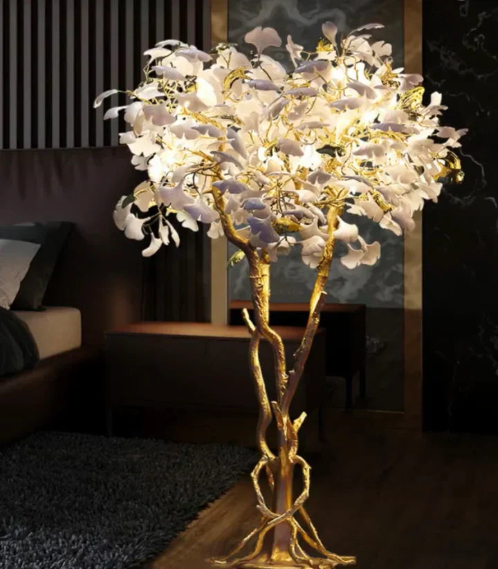 Luxury Creative White Ceramic Ginkgo Biloba Copper Branch Tree Floor Lamp for Living Room and Bedroom