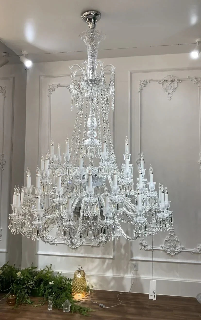 Light Luxury Classic Long Version Tiered Candle Light Crystal Chandelier for High-Ceiling Rooms / living Room
