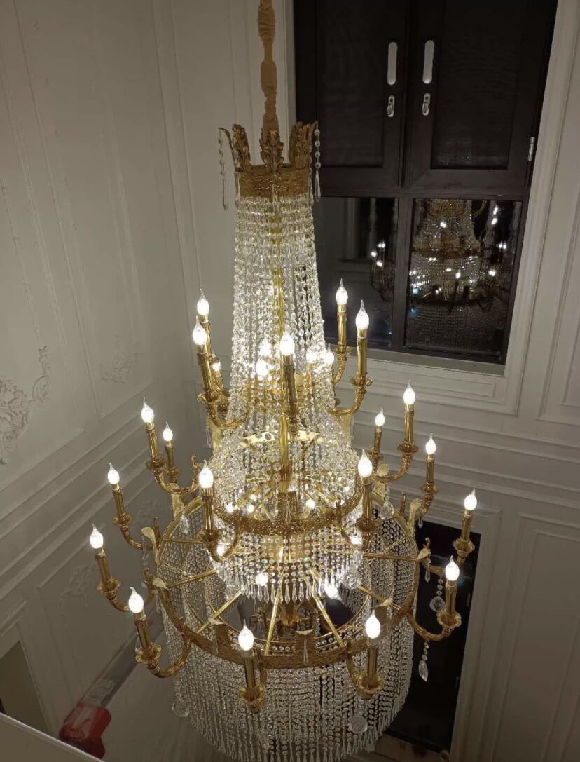 Stunning Oversized Luxury Golden Metal Candle Crystal Tassel Chandelier for High-Ceiling Staircase / entryway