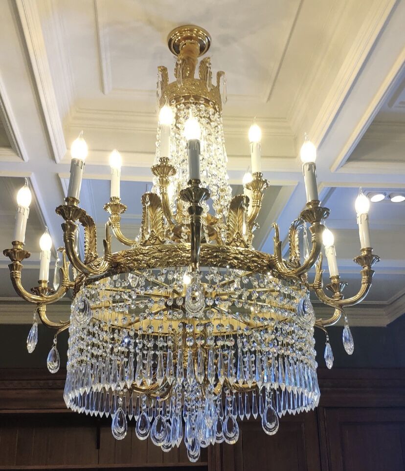 Stunning Oversized Luxury Golden Metal Candle Crystal Tassel Chandelier for High-Ceiling Staircase / entryway