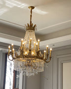 Stunning Oversized Luxury Golden Metal Candle Crystal Tassel Chandelier for High-Ceiling Staircase / entryway