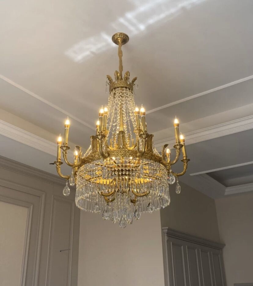 Stunning Oversized Luxury Golden Metal Candle Crystal Tassel Chandelier for High-Ceiling Staircase / entryway
