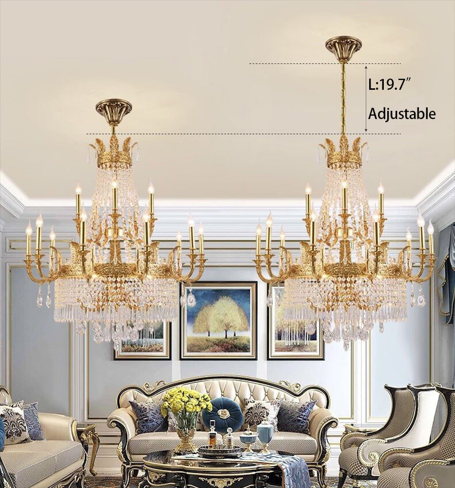 Stunning Oversized Luxury Golden Metal Candle Crystal Tassel Chandelier for High-Ceiling Staircase / entryway